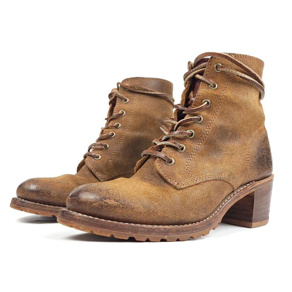Frye Sabrina 6G Brown Burnished Suede Leather Lace Up Block Heel Combat Boots